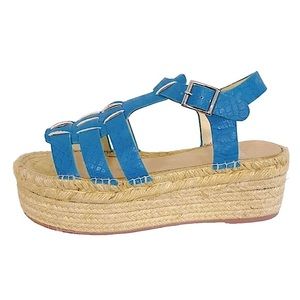 Anthropologie BIBI LOU Blue Crocodile Leather Strappy Espadrille Platform Sandal